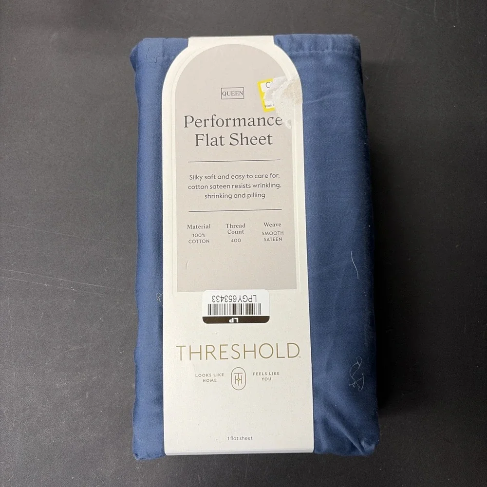 Threshold Performance Cotton Sateen QUEEN Flat Sheet Blue 400 TC Smooth 20567